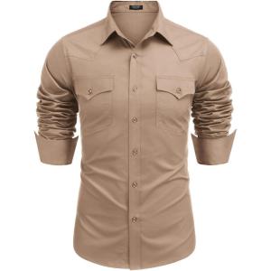 imageCOOFANDY Mens Western Cowboy Shirts Long Sleeve Cotton Casual Button Down Work Shirt with PocketsSolid Dark Khaki