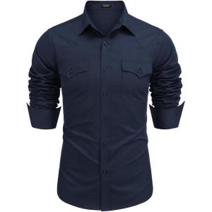 imageCOOFANDY Mens Western Cowboy Shirts Long Sleeve Cotton Casual Button Down Work Shirt with PocketsSolid Deep Blue