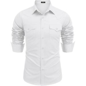 imageCOOFANDY Mens Western Cowboy Shirts Long Sleeve Cotton Casual Button Down Work Shirt with PocketsSolid White