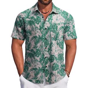 imageCOOFANDY Mens Hawaiian Tropical Shirt Button Down Short Sleeve Vintage Floral ShirtBeige  Green Flower