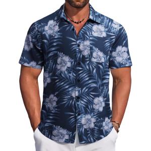 imageCOOFANDY Mens Hawaiian Tropical Shirt Button Down Short Sleeve Vintage Floral ShirtBlue  White Leaves
