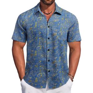 imageCOOFANDY Mens Hawaiian Tropical Shirt Button Down Short Sleeve Vintage Floral ShirtBlueGold