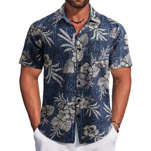 imageCOOFANDY Mens Hawaiian Tropical Shirt Button Down Short Sleeve Vintage Floral ShirtBlueWhite Flower