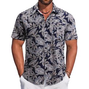 imageCOOFANDY Mens Hawaiian Tropical Shirt Button Down Short Sleeve Vintage Floral ShirtLeaves  Navy
