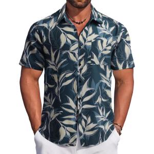 imageCOOFANDY Mens Hawaiian Tropical Shirt Button Down Short Sleeve Vintage Floral ShirtNavy  Leaves