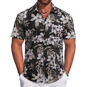 imageCOOFANDY Mens Hawaiian Tropical Shirt Button Down Short Sleeve Vintage Floral ShirtYellow Leaves  White Flowers