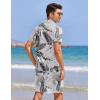 imageCOOFANDY Men 2 Piece Linen Set Casual Short Sleeve Shirt and Short Beach SetBlack Leaves