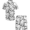 imageCOOFANDY Men 2 Piece Linen Set Casual Short Sleeve Shirt and Short Beach SetBlack Leaves