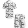 imageCOOFANDY Men 2 Piece Linen Set Casual Short Sleeve Shirt and Short Beach SetBlack Leaves