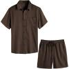imageCOOFANDY Men 2 Piece Linen Set Casual Short Sleeve Shirt and Short Beach SetBrown