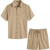 imageCOOFANDY Men 2 Piece Linen Set Casual Short Sleeve Shirt and Short Beach SetDark Khaki