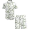 imageCOOFANDY Men 2 Piece Linen Set Casual Short Sleeve Shirt and Short Beach SetGreen Leaves