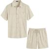 imageCOOFANDY Men 2 Piece Linen Set Casual Short Sleeve Shirt and Short Beach SetLight Khaki