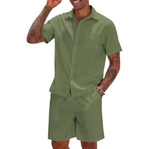 imageCOOFANDY Men 2 Piece Linen Set Casual Short Sleeve Shirt and Short Beach SetArmy Green