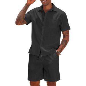 imageCOOFANDY Men 2 Piece Linen Set Casual Short Sleeve Shirt and Short Beach SetBlack