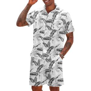 imageCOOFANDY Men 2 Piece Linen Set Casual Short Sleeve Shirt and Short Beach SetBlack Leaves