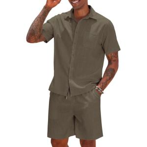 imageCOOFANDY Men 2 Piece Linen Set Casual Short Sleeve Shirt and Short Beach SetBrown
