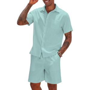 imageCOOFANDY Men 2 Piece Linen Set Casual Short Sleeve Shirt and Short Beach SetCeladon Green