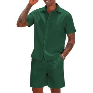 imageCOOFANDY Men 2 Piece Linen Set Casual Short Sleeve Shirt and Short Beach SetDark Green