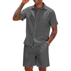 imageCOOFANDY Men 2 Piece Linen Set Casual Short Sleeve Shirt and Short Beach SetDark Grey