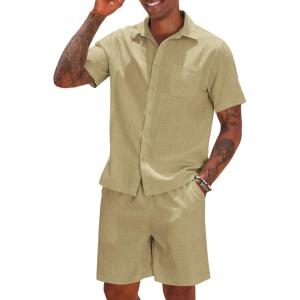 imageCOOFANDY Men 2 Piece Linen Set Casual Short Sleeve Shirt and Short Beach SetDark Khaki