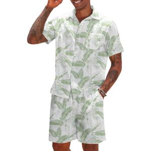 imageCOOFANDY Men 2 Piece Linen Set Casual Short Sleeve Shirt and Short Beach SetGreen Leaves