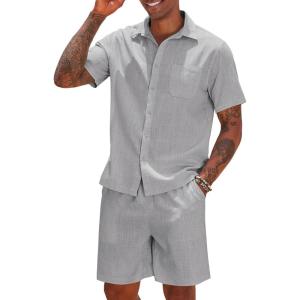 imageCOOFANDY Men 2 Piece Linen Set Casual Short Sleeve Shirt and Short Beach SetLight Gray