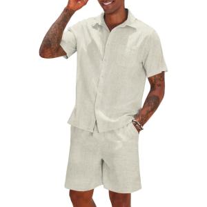 imageCOOFANDY Men 2 Piece Linen Set Casual Short Sleeve Shirt and Short Beach SetLight Khaki
