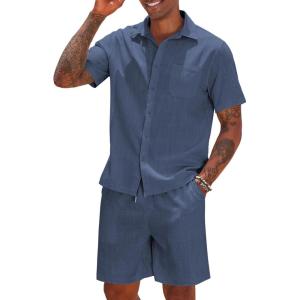 imageCOOFANDY Men 2 Piece Linen Set Casual Short Sleeve Shirt and Short Beach SetNavy Blue