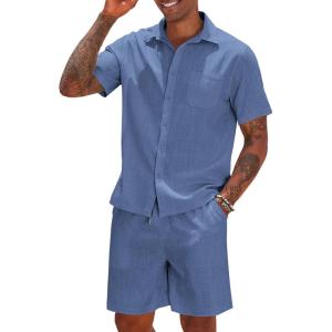 imageCOOFANDY Men 2 Piece Linen Set Casual Short Sleeve Shirt and Short Beach SetRoyal Blue