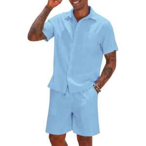 imageCOOFANDY Men 2 Piece Linen Set Casual Short Sleeve Shirt and Short Beach SetSky Blue