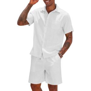 imageCOOFANDY Men 2 Piece Linen Set Casual Short Sleeve Shirt and Short Beach SetWhite