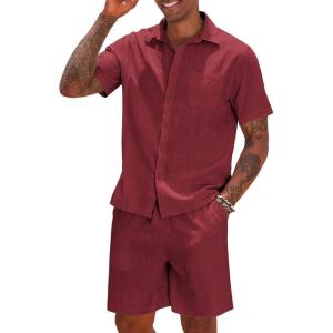 imageCOOFANDY Men 2 Piece Linen Set Casual Short Sleeve Shirt and Short Beach SetWine Red
