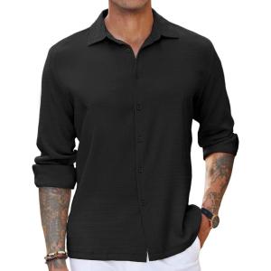 imageCOOFANDY Mens Casual Long Sleeve Button Down Shirt Textured WrinkleFree Untucked ShirtsBlack