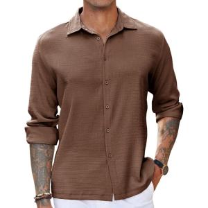 imageCOOFANDY Mens Casual Long Sleeve Button Down Shirt Textured WrinkleFree Untucked ShirtsBrown