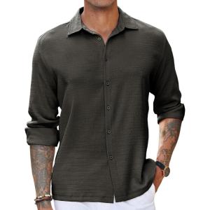 imageCOOFANDY Mens Casual Long Sleeve Button Down Shirt Textured WrinkleFree Untucked ShirtsDark Grey