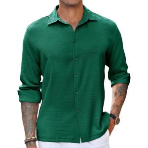 imageCOOFANDY Mens Casual Long Sleeve Button Down Shirt Textured WrinkleFree Untucked ShirtsEvergreen
