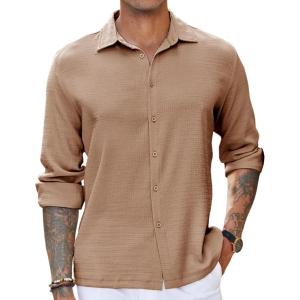 imageCOOFANDY Mens Casual Long Sleeve Button Down Shirt Textured WrinkleFree Untucked ShirtsKhaki