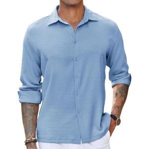 imageCOOFANDY Mens Casual Long Sleeve Button Down Shirt Textured WrinkleFree Untucked ShirtsLight Blue