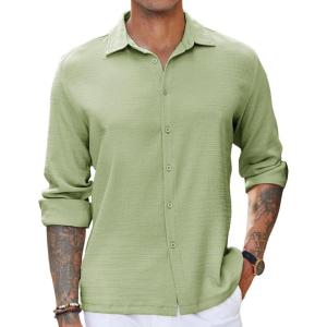imageCOOFANDY Mens Casual Long Sleeve Button Down Shirt Textured WrinkleFree Untucked ShirtsLight Green