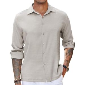 imageCOOFANDY Mens Casual Long Sleeve Button Down Shirt Textured WrinkleFree Untucked ShirtsLight Grey