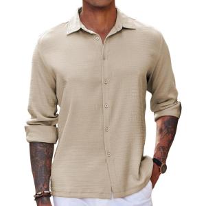 imageCOOFANDY Mens Casual Long Sleeve Button Down Shirt Textured WrinkleFree Untucked ShirtsLight Khaki