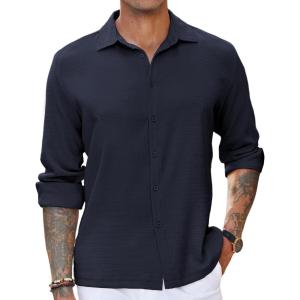 imageCOOFANDY Mens Casual Long Sleeve Button Down Shirt Textured WrinkleFree Untucked ShirtsNavy Blue