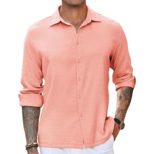 imageCOOFANDY Mens Casual Long Sleeve Button Down Shirt Textured WrinkleFree Untucked ShirtsPink