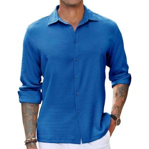 imageCOOFANDY Mens Casual Long Sleeve Button Down Shirt Textured WrinkleFree Untucked ShirtsRoyal Blue