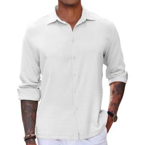 imageCOOFANDY Mens Casual Long Sleeve Button Down Shirt Textured WrinkleFree Untucked ShirtsWhite