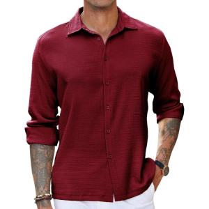 imageCOOFANDY Mens Casual Long Sleeve Button Down Shirt Textured WrinkleFree Untucked ShirtsWine Red