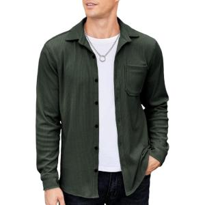imageCOOFANDY Mens Corduroy Shirt Casual Shacket Long Sleeve Button Down Lightweight JacketArmy Green