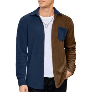 imageCOOFANDY Mens Corduroy Shirt Casual Shacket Long Sleeve Button Down Lightweight JacketColor Block  Brown