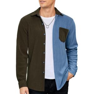 imageCOOFANDY Mens Corduroy Shirt Casual Shacket Long Sleeve Button Down Lightweight JacketColor Block  Green